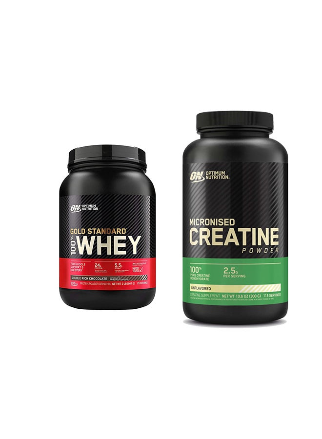 Optimum Nutrition عرض حزمة حصرية - مسحوق بروتين مصل اللبن 100% معيار الذهب 2 رطل بنكهة الشوكولاتة الغنية المزدوجة ومسحوق الكرياتين المجهرى بدون نكهة 300 جرام 115 حصة - Image 1